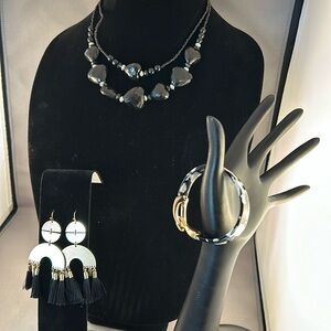 Necklace,earrings, and bracelet costume jewelry set.